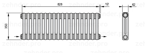 Схема (чертеж) Радиатор Zehnder Charleston 2035/18 №2670 Белый глянцевый RAL 9016